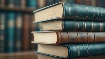 Stack of antique books in a cozy library setting, celebrating the love of reading