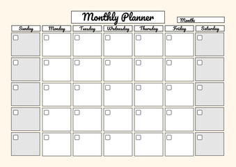 A minimalistic monthly planner template with a blank calendar grid, checklist for each day on a black and white background. Perfect for organizing tasks and schedule.