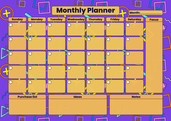 A vibrant monthly planner with an abstract Memphis style geometric background, featuring daily task sections, focus area, and notes space. Ideal for organizing work and study time, and monthly tasks.