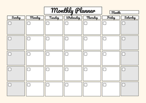 A minimalistic monthly planner template with a blank calendar grid, checklist for each day on a black and white background. Perfect for organizing tasks and schedule.