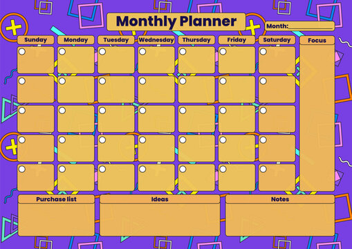 A vibrant monthly planner with an abstract Memphis style geometric background, featuring daily task sections, focus area, and notes space. Ideal for organizing work and study time, and monthly tasks.