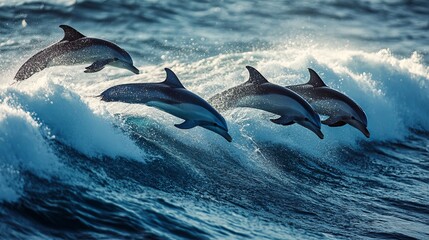 Fototapeta premium A pod of dolphins leaping out of the ocean waves in a display of nature's beauty and gracefulness