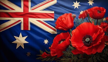 Anzac Day art.  Australia flag with poppy flowers. Symbol of remembrance, honor, AI