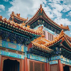Fototapeta premium Beautiful traditional pagoda framed by skyscrapers at twilight skyline image