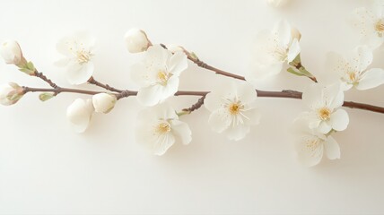 White Blossoms on Branch, Soft Lighting, White Background