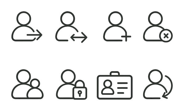 User management icon set: linear style icons for account and profile settings