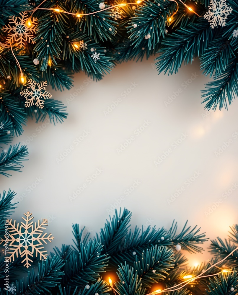 Poster a festive christmas frame made from evergreen branches, adorned with sparkling lights and snowflake 
