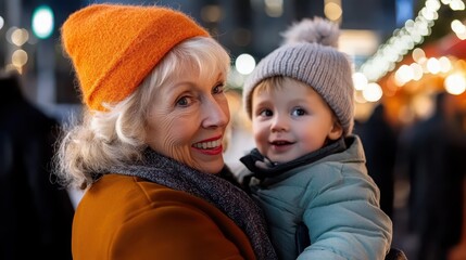 Obraz premium Joyful moments at the Christmas markets with grandmother and grandson