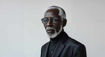 black African elderly man on white plain bright background modern chic fashion pose  model portrait  portrait banner with copy space ad concept marketing