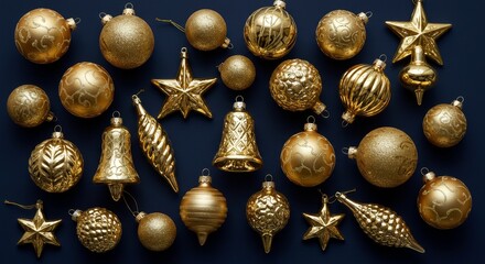 Fototapeta premium Gold Christmas Ornaments Collection - Elegant gold Christmas ornaments arranged on a dark blue background. Perfect for holiday decorations and festive designs