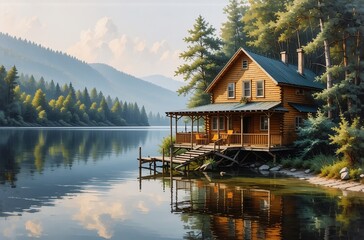 Obraz premium Serene lakeside cabin nestled amongst lush greenery, reflecting in calm water under a soft, hazy sky. The sunlit scene evokes tranquility and peace.