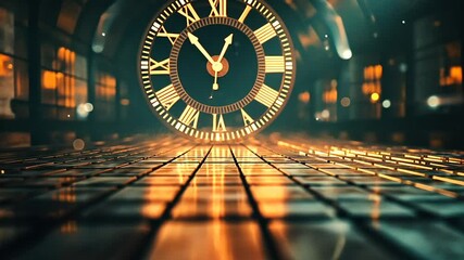 A grand antique clock glows in a dark, futuristic hall - Powered by Adobe