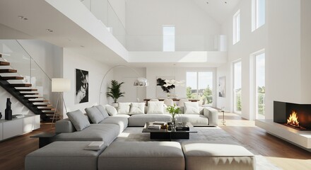 Fototapeta premium 明るい日差しが差し込む、広々としたモダンリビング。開放的な空間と上品な色調が調和。