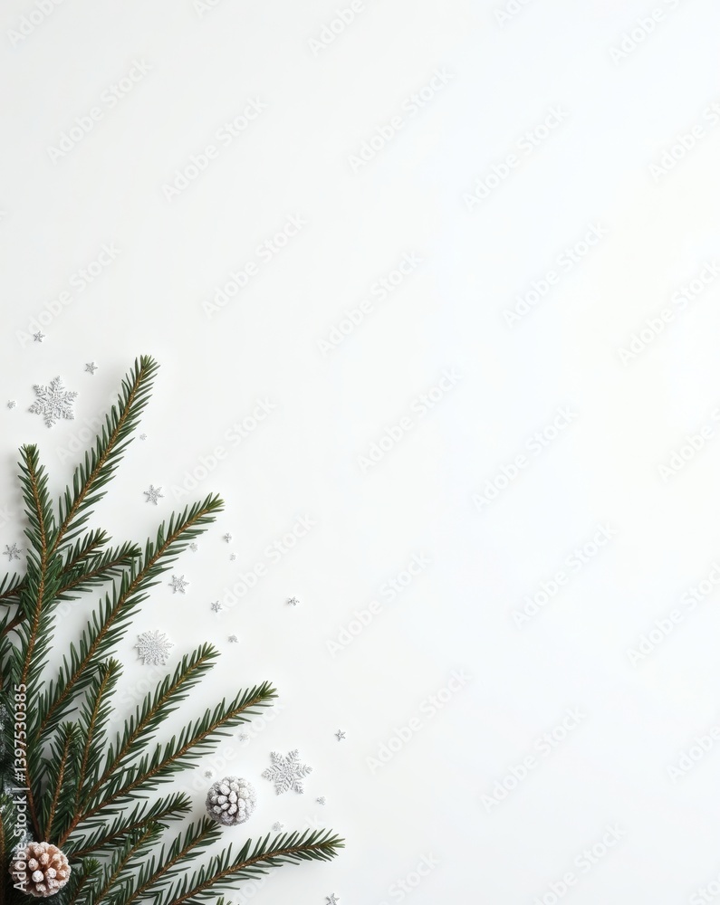 Poster a festive christmas scene. christmas tree branches with ornaments arranged on a clean background