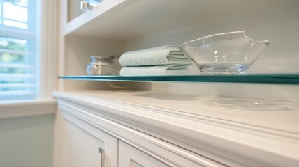 White Built-in Shelving with Glass Shelf and Soft Lighting