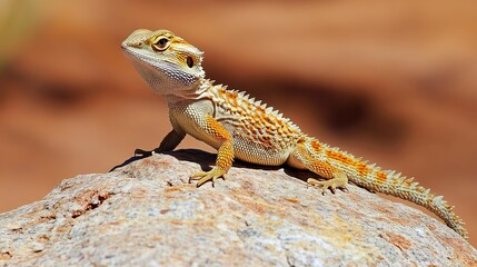 Obraz premium A bearded dragon basking on a rock with a blurred brown background in the bright sunlight outdoors