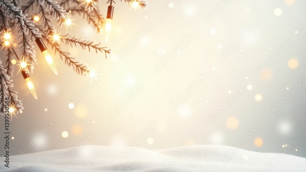 Poster A snowy Christmas scene with a festive touch, featuring illuminated string lights and evergreen branches set against a gentle snowfall