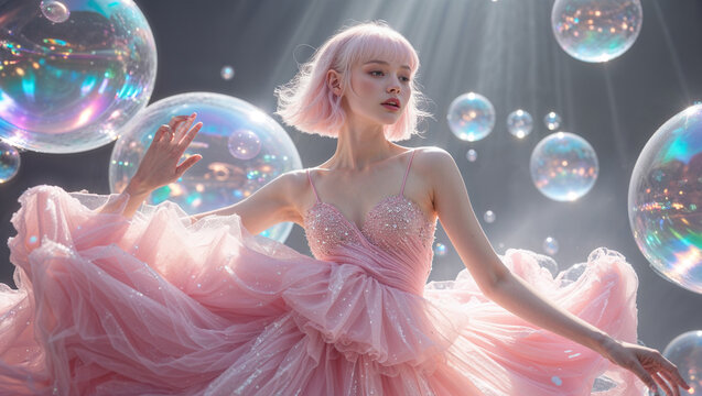 Elegant Woman In Pink Gown With Bubbles Dreamy Fantasy Portrait
