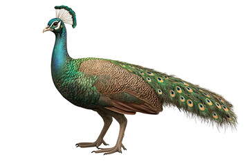 Obraz premium Elegant green peacock perched against a dark backdrop displaying vivid feathers