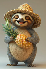 Smiling 3D cartoon sloth with pineapple and straw hat enjoying tropical vibe. Concept of relaxed family vacation, exotic resort branding, and slow travel lifestyle