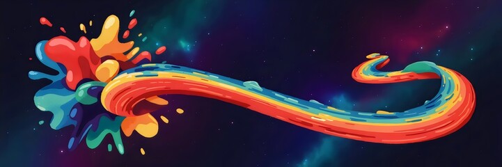 Digital illustration of vibrant paint explosion forming a fluid, swirling path against a cosmic backdrop – Ideal for energy, movement, and creative storytelling.