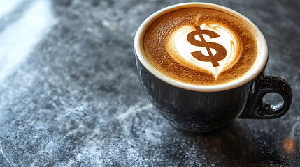 A white coffee cup with a dollar sign on it