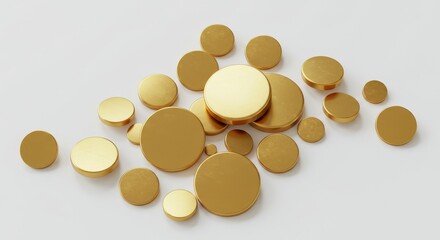 Golden Disks Group on White - Abstract of gold disks scattered on a white background, symbolizing wealth, abundance, luxury, design, and modern art