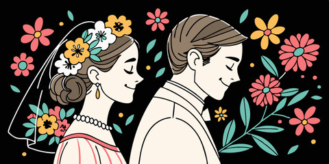 Vector watercolor illustration very cute wedding couple married with flowers colorful isolated on white background clip art vector illustration.