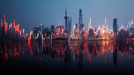 Obraz premium Nighttime Skyline of Shanghai with Vibrant Stock Chart Visuals