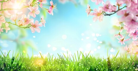 Obraz premium Spring background with grass and blooming cherry blossoms on a sunny day, banner design with copy
