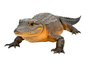 Detailed studio shot capturing the menacing gaze of an alligator on black