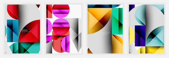 Abstract geometric designs. Vivid color palettes dominate, featuring shapes like circles, rectangles, triangles. Modern backgrounds suggest digital art or graphic design applications. Clean lines, gra © antishock