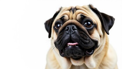 Obraz premium Close-up of a pug's face, ears, and wrinkles, isolated, pet photography, brown