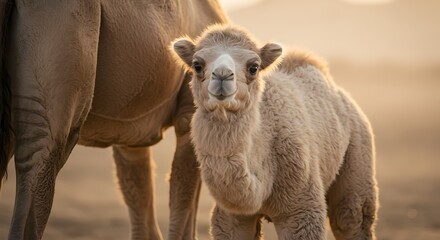 Fototapeta premium Cute Baby Camel Standing Next to Mother in Desert Light