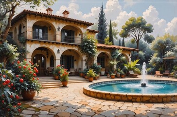 Fototapeta premium A luxurious Mediterranean-style villa basks in the sun, showcasing a tranquil courtyard with a circular pool and fountain, surrounded by lush landscaping and terracotta accents.