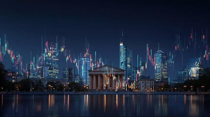Fototapeta premium Night Skyline Over City with Stock Exchange and Financial Data Visuals