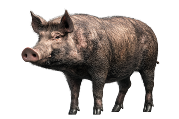 Detailed portrait of a wild boar, standing prominently on a plain black backdrop