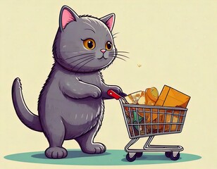 cute cat with shopping cart on beige 