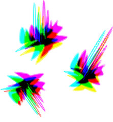 Halftone dot splash with rainbow contour shifts. Vector.