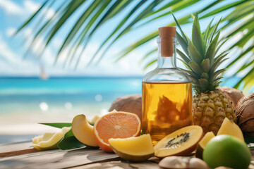 Fototapeta premium Glass bottle of golden rum surrounded by fresh tropical fruit on a wooden table on a white sand beach with turquoise sea in the background