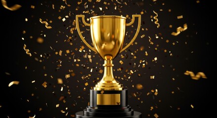 Golden Trophy Winning Design - A gleaming golden trophy on a pedestal, surrounded by celebratory confetti, symbolizes success, achievement, victory