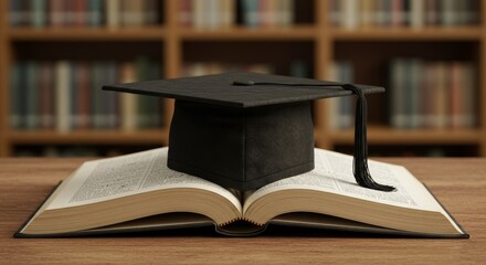 Graduation Cap on Open Book in Library - A black graduation cap rests atop an open book, set against a blurred backdrop of bookshelves. Symbolic of education and achievement