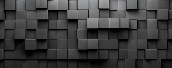 Dark square blocks in a 3D render, forming an abstract and realistic cube wall background.