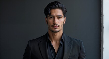 Fototapeta premium latin Hispanic 20s man on black plain bright background modern chic fashion pose model portrait portrait banner with copy space ad concept marketing
