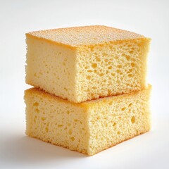 A stack of two square pieces of sponge cake isolated on white background