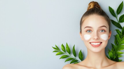 Fototapeta premium A woman with a white face mask on her face is smiling