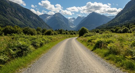 Fototapeta premium Gravel Road to Mountain Valley - Serene gravel road winding through lush green landscape, leading towards majestic mountains under a bright sunny sky. Symbolizing adventure, journey, nature, freedom