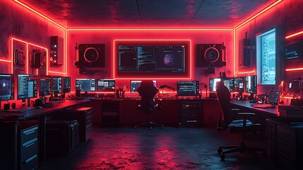 Immersive tech control room with glowing monitors high resolution photo