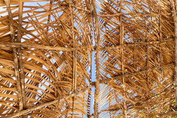 Rustic beach roof made from dried palm leaves. Dry thatched shed.