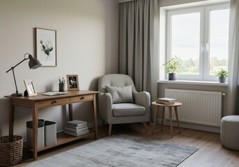 穏やかな光が差し込む、落ち着く書斎 上品な灰色と木の温もり